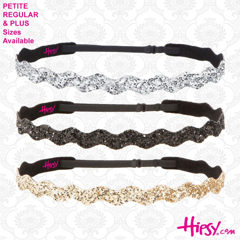 Hipsy 3pk Gold/Black/Silver Adjustable & No Slip Wave Bling Glitter Headbands
